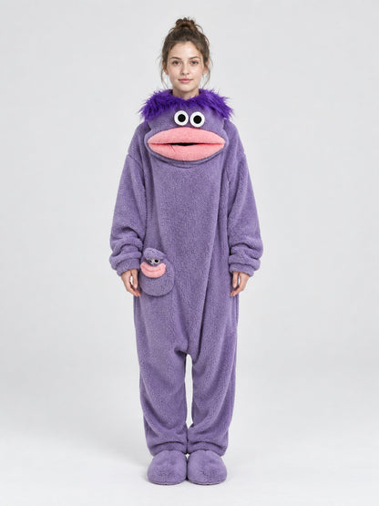 Insulated purple pajama jumpsuit with puffy eyes