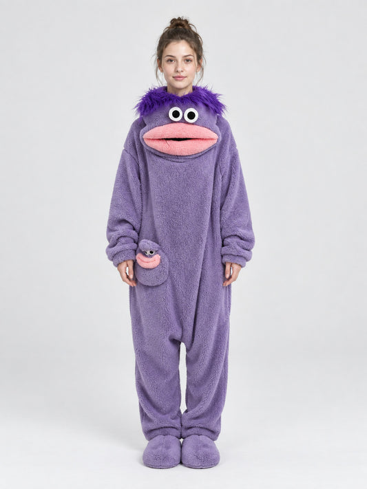 Insulated purple pajama jumpsuit with puffy eyes