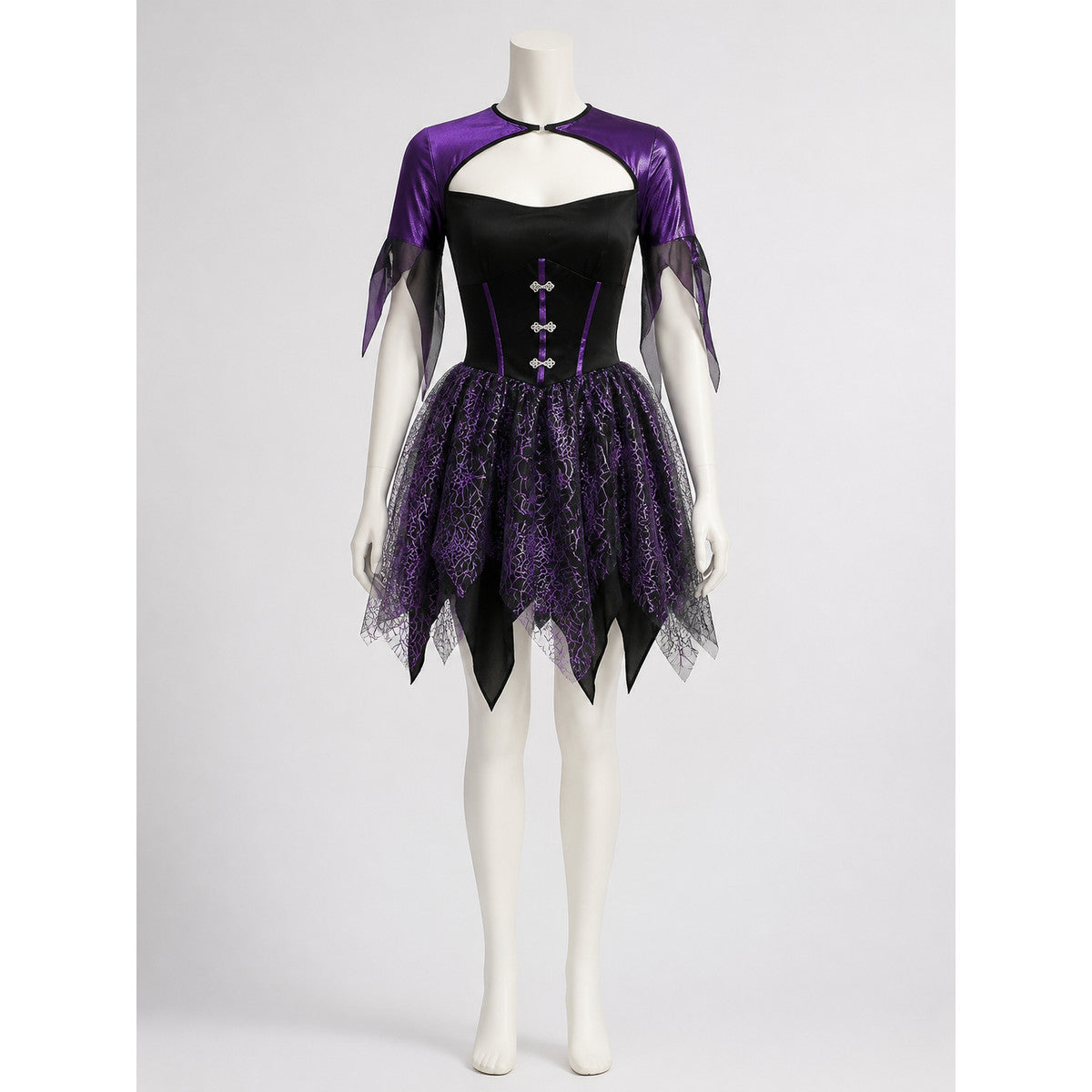 Gothic Witch Costume Dress, Black And Purple Spiderweb Asymmetrical Skirt on-model view