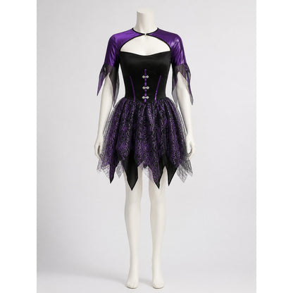 Gothic Witch Costume Dress, Black And Purple Spiderweb Asymmetrical Skirt on-model view