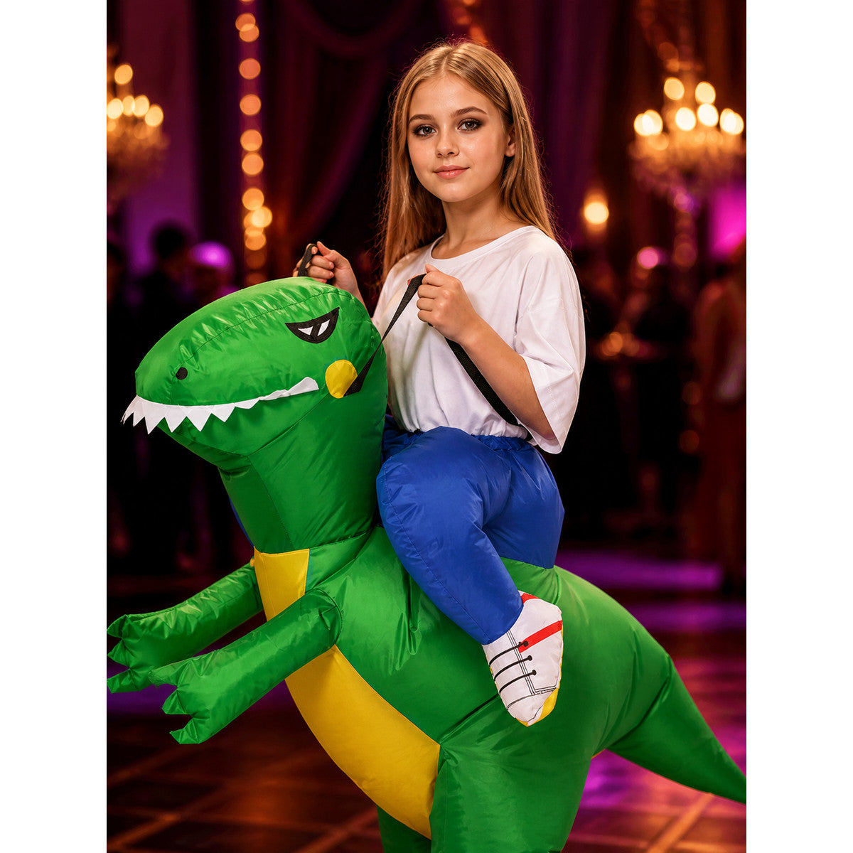 Inflatable Dinosaur Ride-On Costume, Green Blow Up Halloween Outfit on-model view
