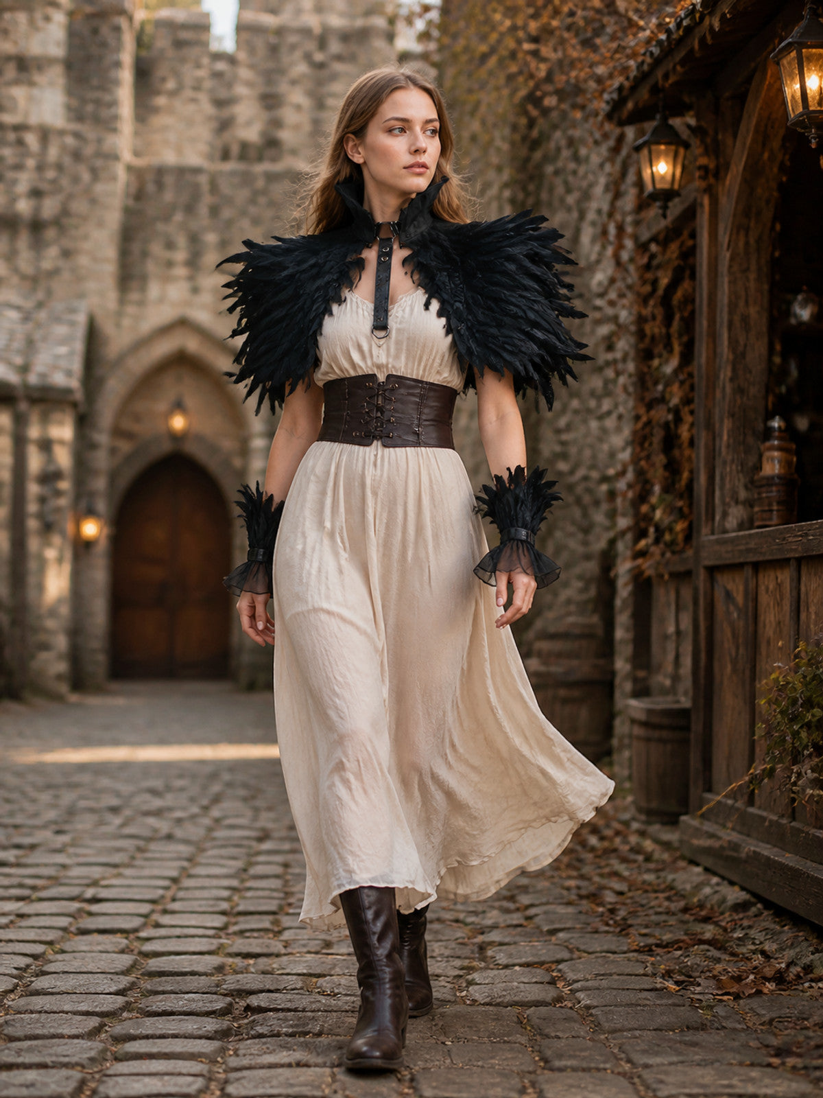 Black Gothic Feather Ruffle Cape & Wrist Set, Semi-Sheer Mesh Trim, Layered