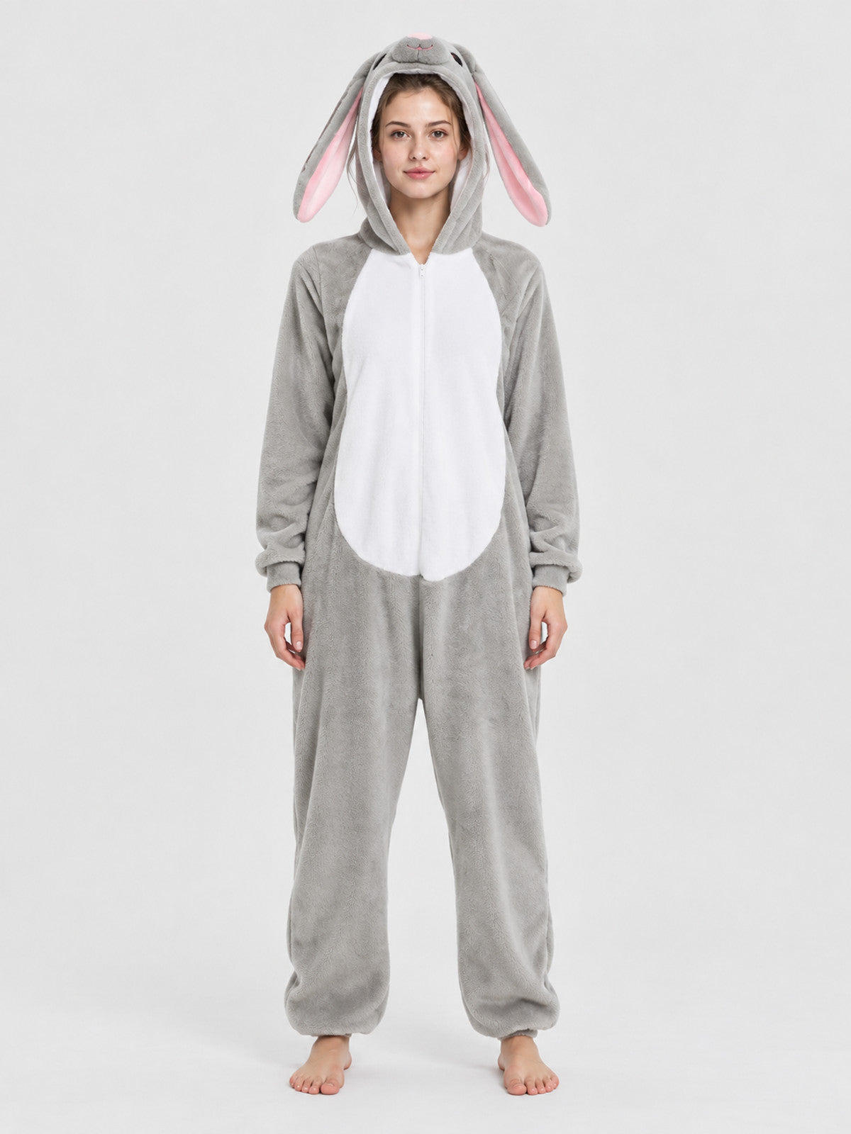 Gray Pajama Jumpsuit with Hood and Bunny Ears