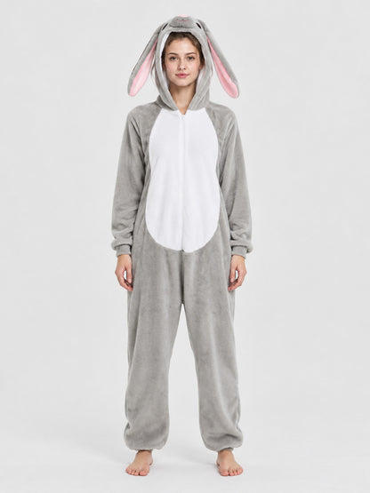 Gray Pajama Jumpsuit with Hood and Bunny Ears
