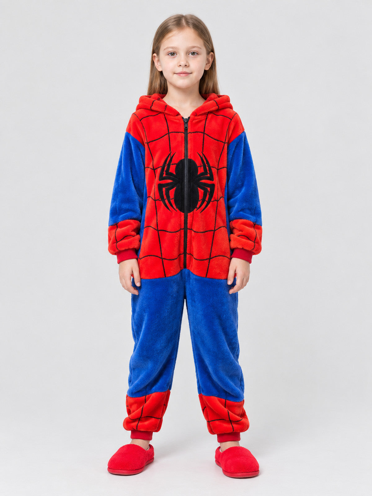 Kids Hooded Pajama Jumpsuit in Red and Blue