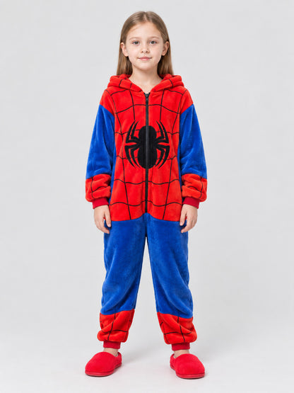 Kids Hooded Pajama Jumpsuit in Red and Blue