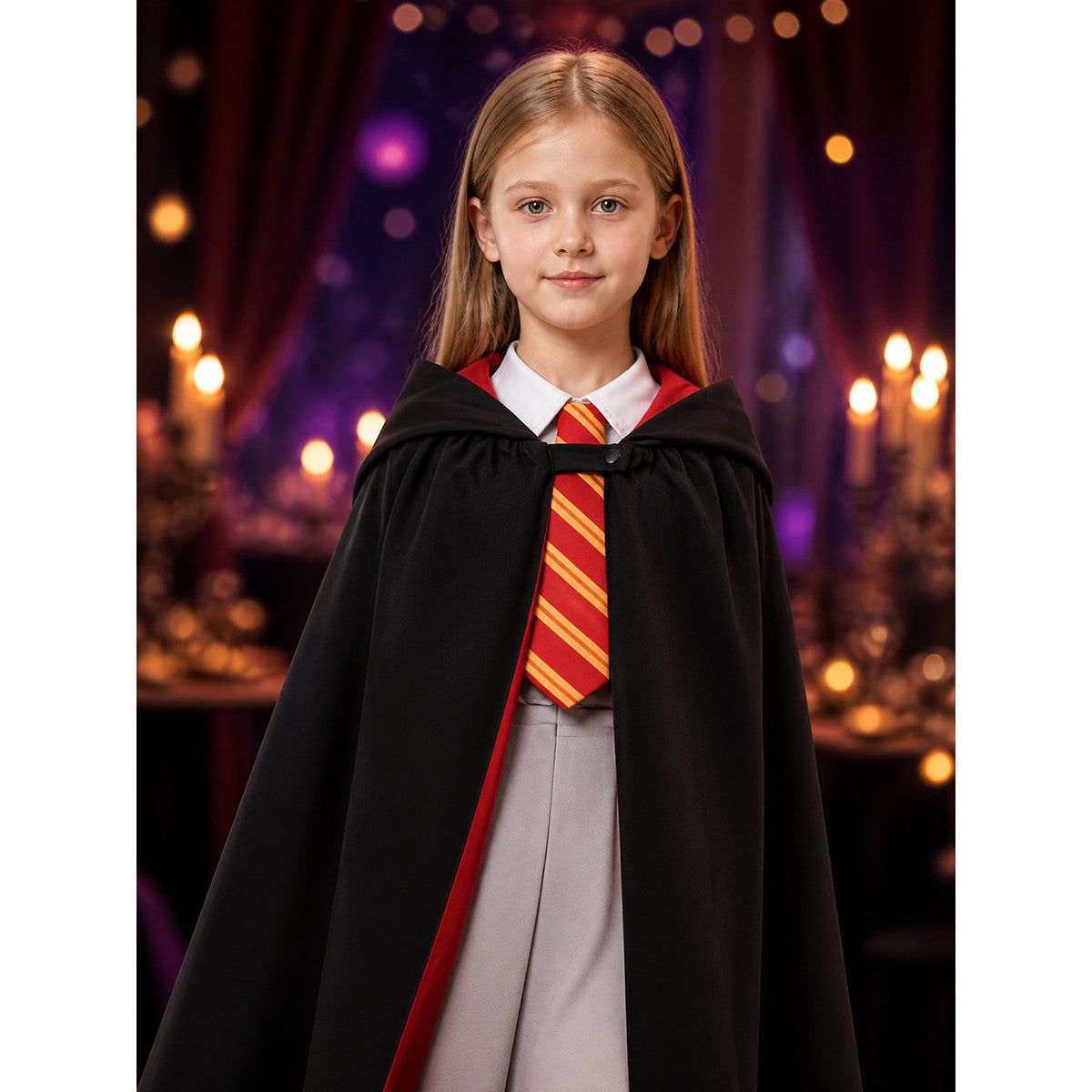Girls Wizard Robe Costume Set with Hooded Cape, Red Trim, Tie and Pants on-model view