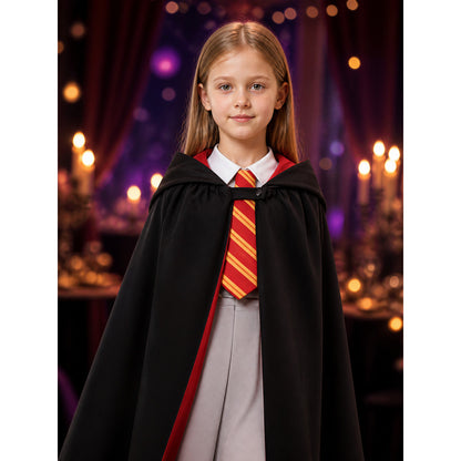 Girls Wizard Robe Costume Set with Hooded Cape, Red Trim, Tie and Pants on-model view