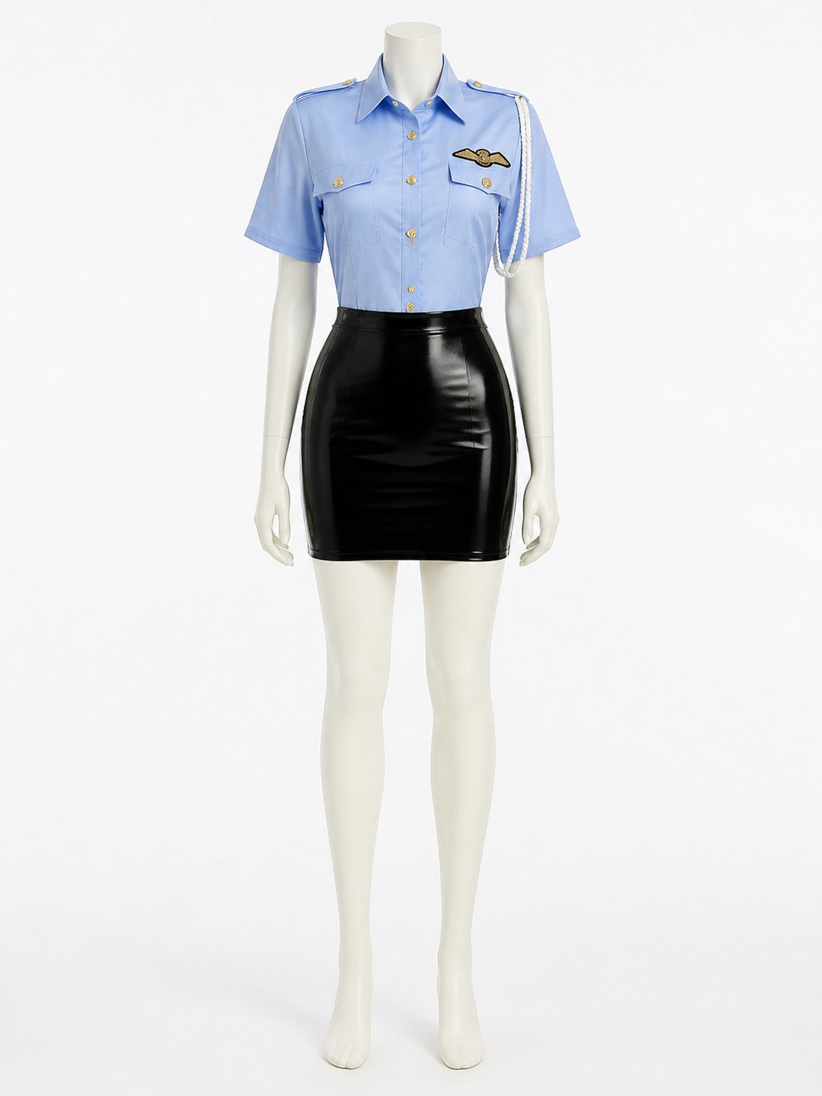 Women's Sexy Police Officer Halloween Costume Set, Light Blue Top & Black on-model view