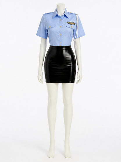 Women's Sexy Police Officer Halloween Costume Set, Light Blue Top & Black on-model view