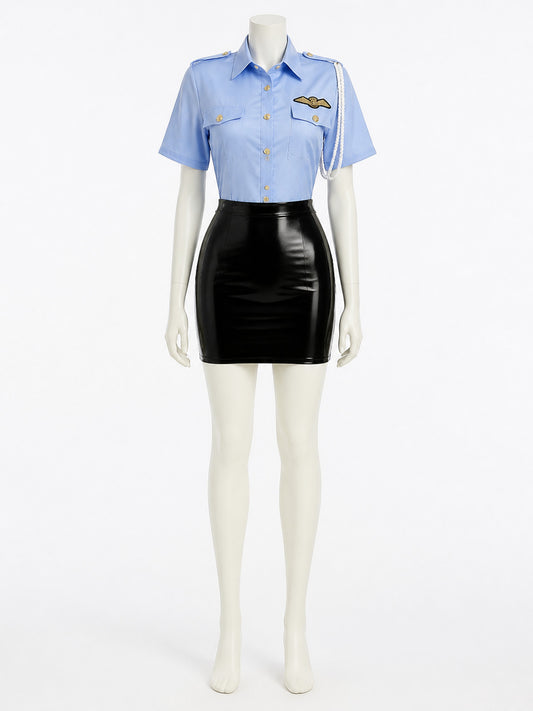Women's Sexy Police Officer Halloween Costume Set, Light Blue Top & Black on-model view