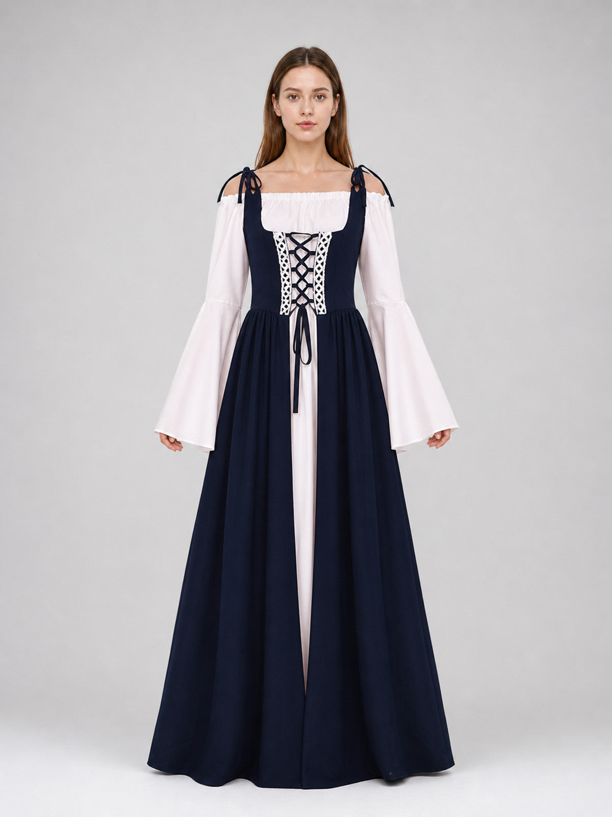 Renaissance-style dress with corset lacing and wide sleeves front view