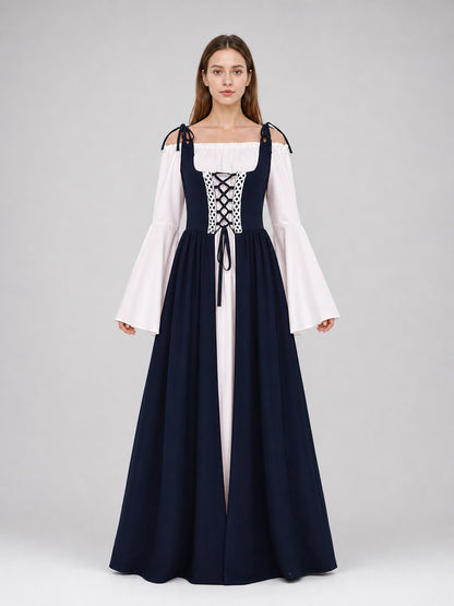 Renaissance-style dress with corset lacing and wide sleeves front view