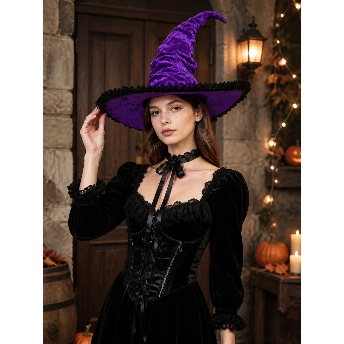 Purple pointed witch hat with a curved top and black trim, shown on a model in a black costume in a Halloween-themed doorway