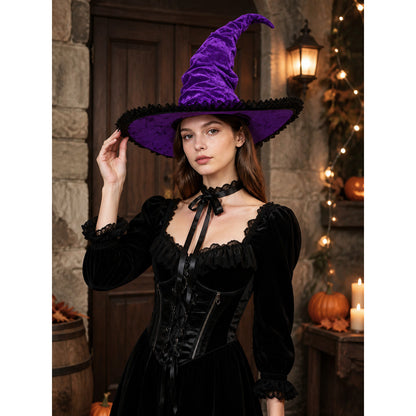 Purple pointed witch hat with a curved top and black trim, shown on a model in a black costume in a Halloween-themed doorway