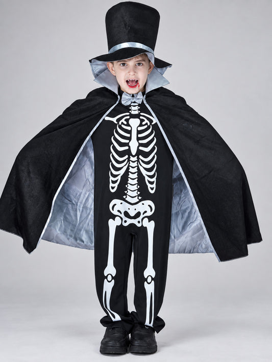 Kids' skeleton carnival costume with cape and top hat