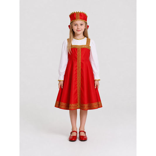 Russian Folk Costume with Headwear, Red and White on-model view