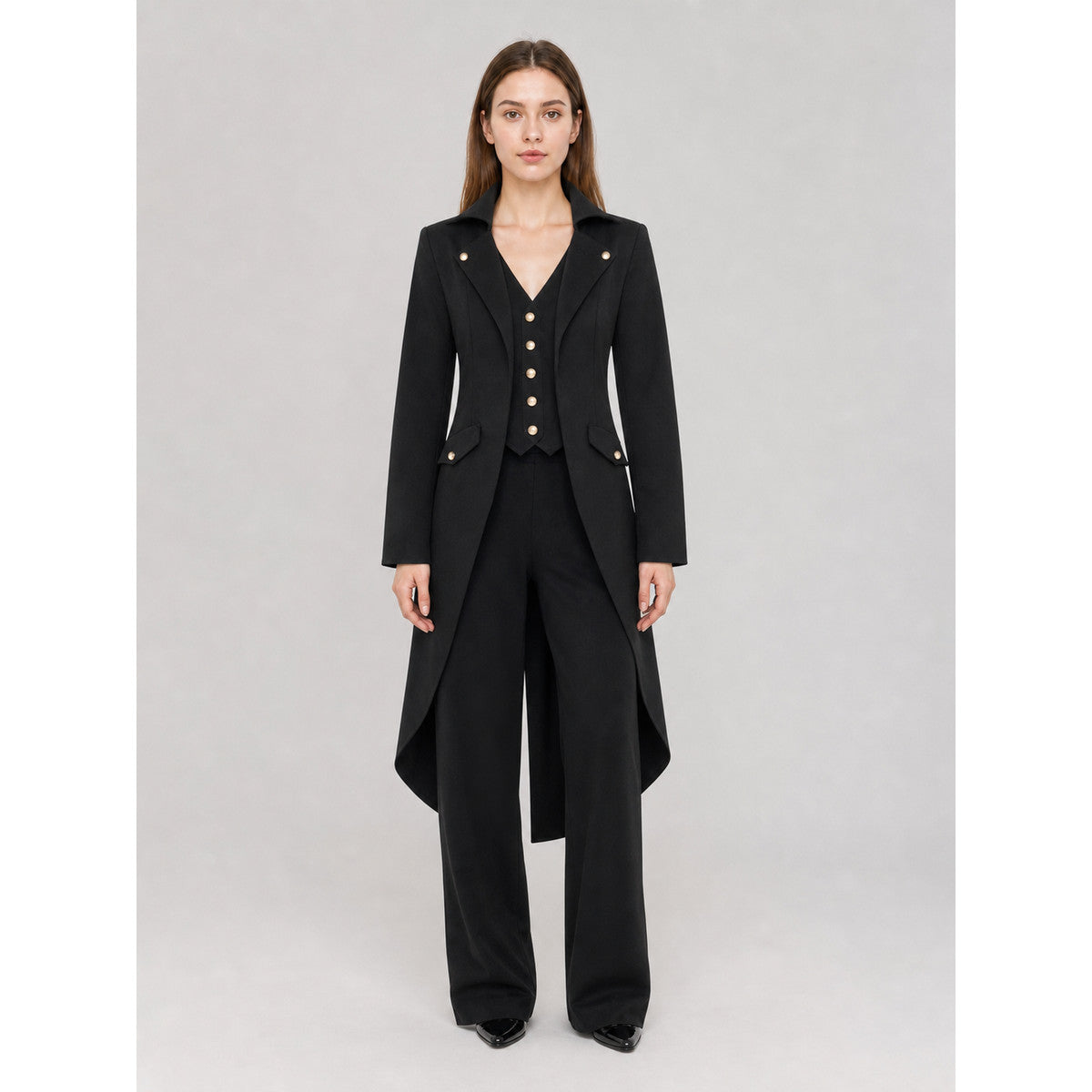 Black Long-Tail Steampunk Frock Coat on-model view