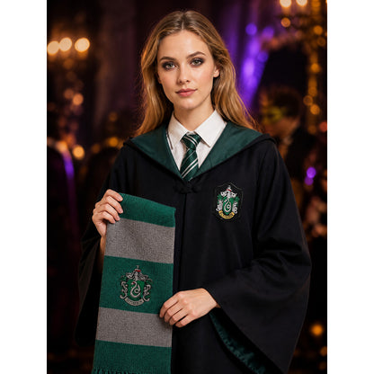 Slytherin Hooded Wizard Robe Costume Set with Tie and Scarf - Green Gray on-model view