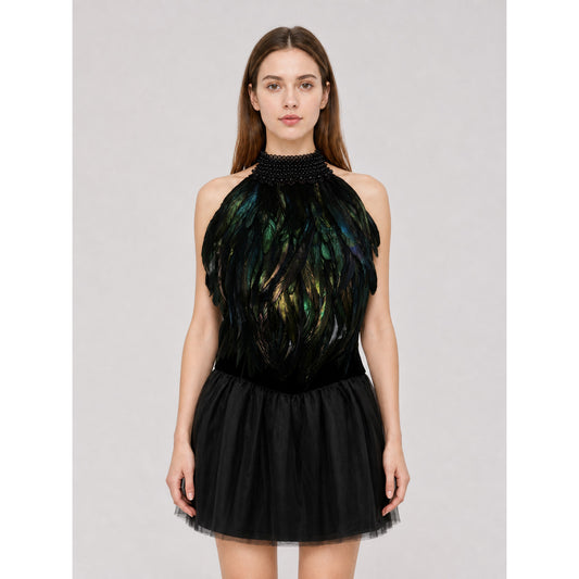 Feathered Halter Top with Beaded Collar