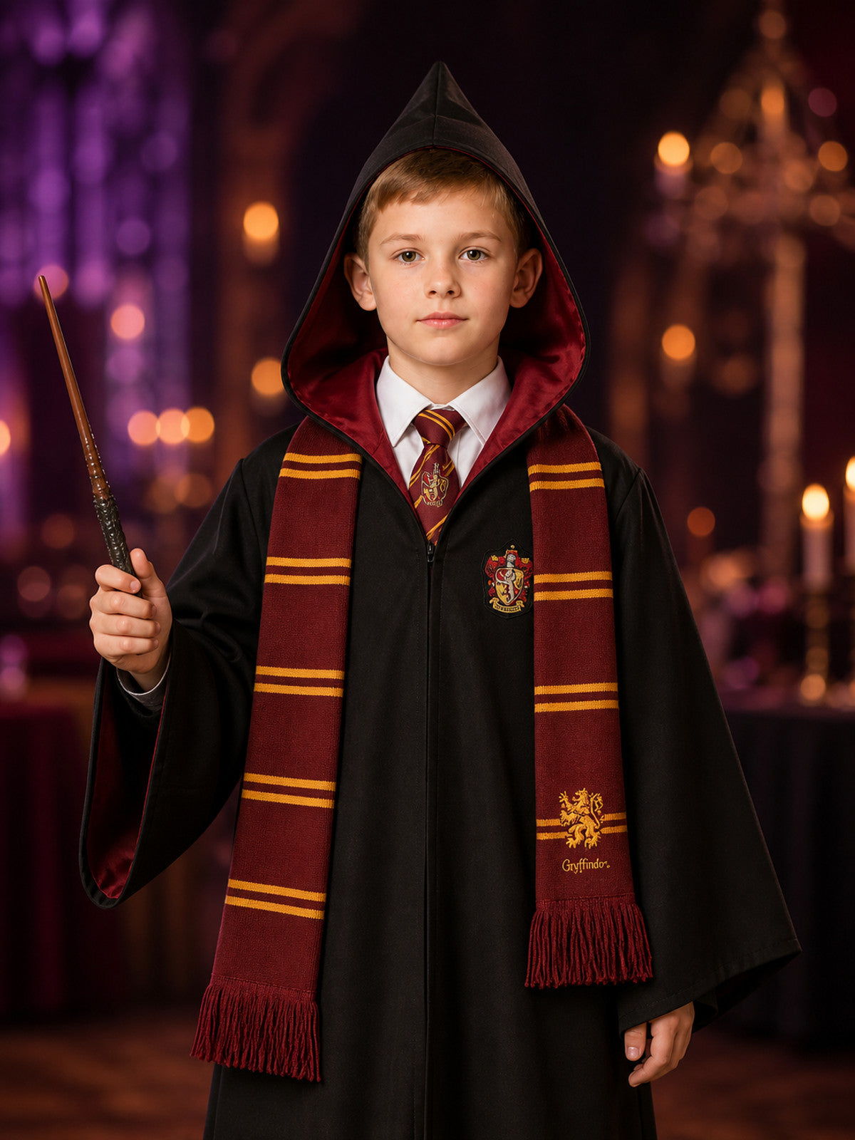 Academy Wizard Hooded Robe Costume Set With Tie, Scarf, Shirt And Wand on-model view