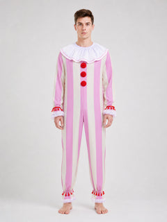 Pink & White Striped Clown Costume Jumpsuit for Adults & Kids with Ruffled Collar