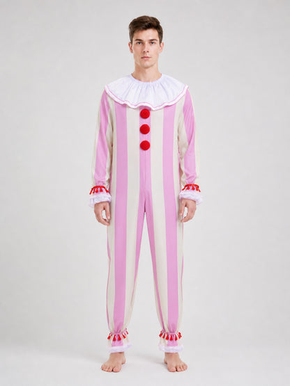 Pink-and-white striped clown costume for cosplay front view