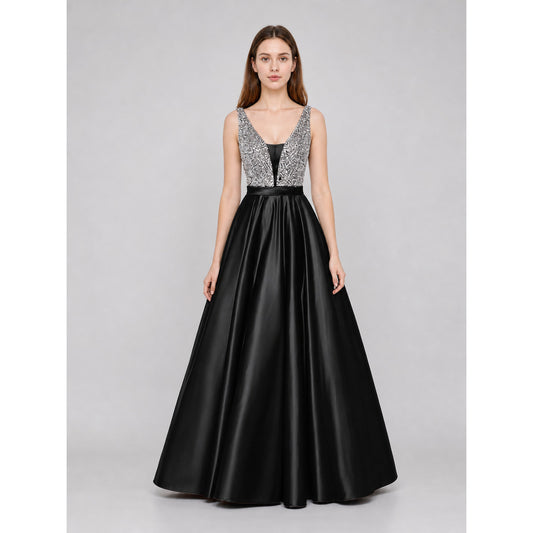 Long Evening Dress with a Deep V-Neckline