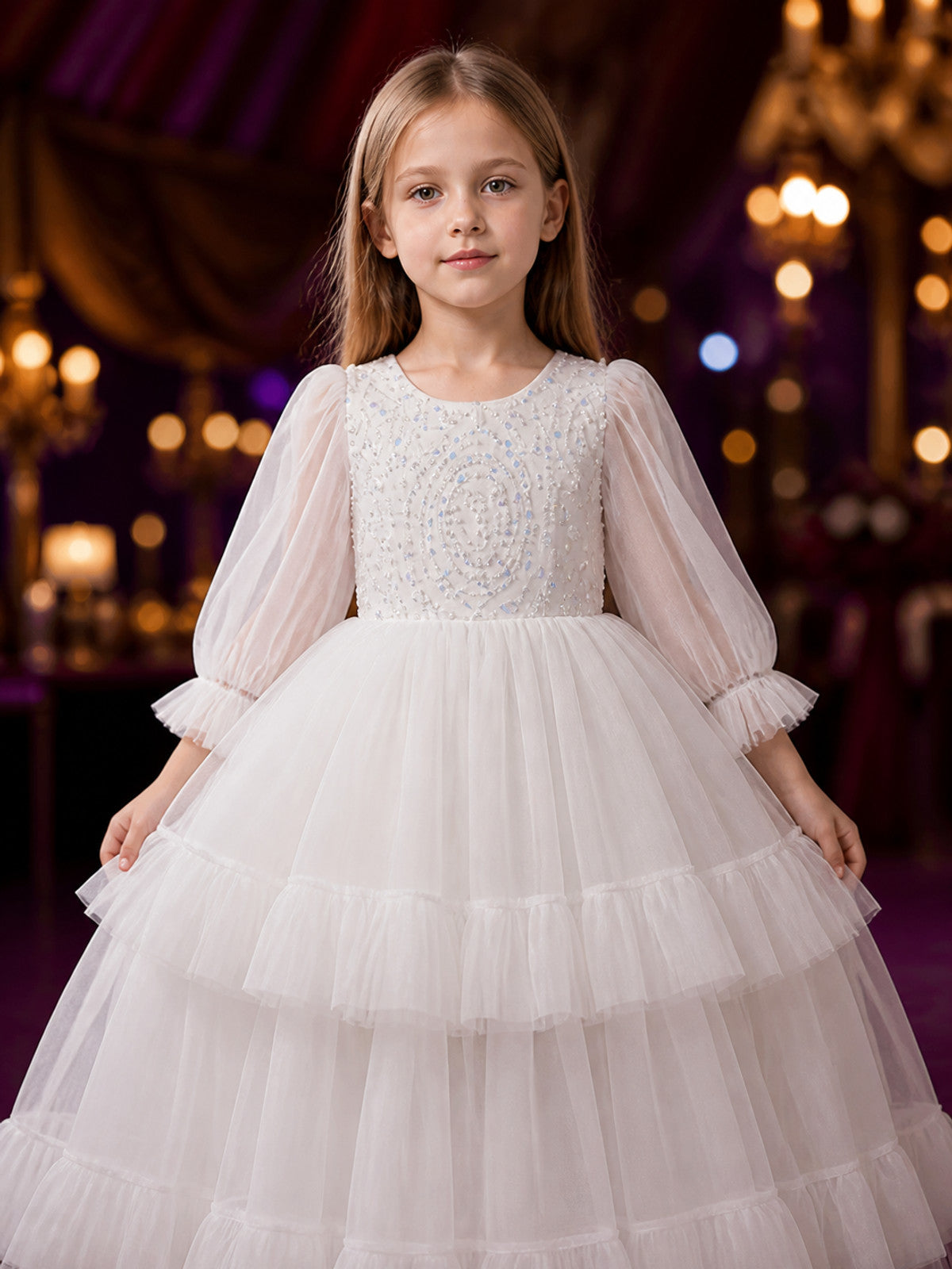 Girls' White Sequin Princess Dress with Layered Tulle Skirt, Long-Sleeve Flower on-model view