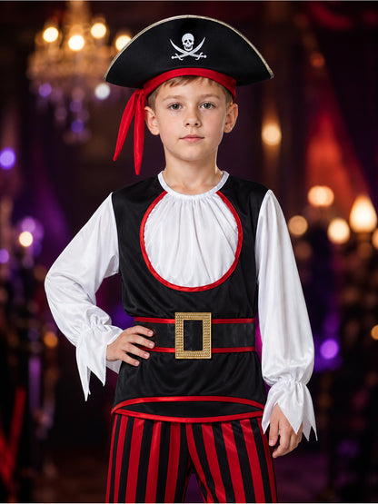 Boys Pirate Costume Set with Skull Hat and Belt - Halloween Cosplay Outfit on-model view