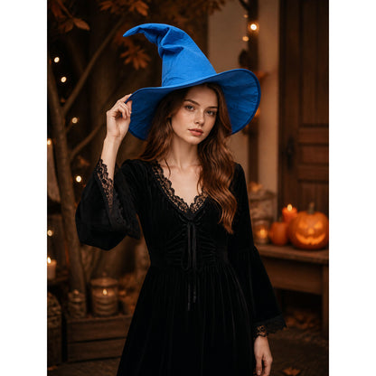 Blue Halloween Witch Hat, Wide Brim Curved Pointed Cap with Black Chin Strap on-model view