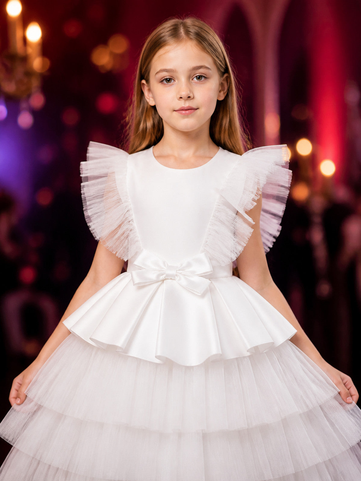 Girls' White Princess Dress, Ruffled Layered Tulle Skirt With Bow on-model view