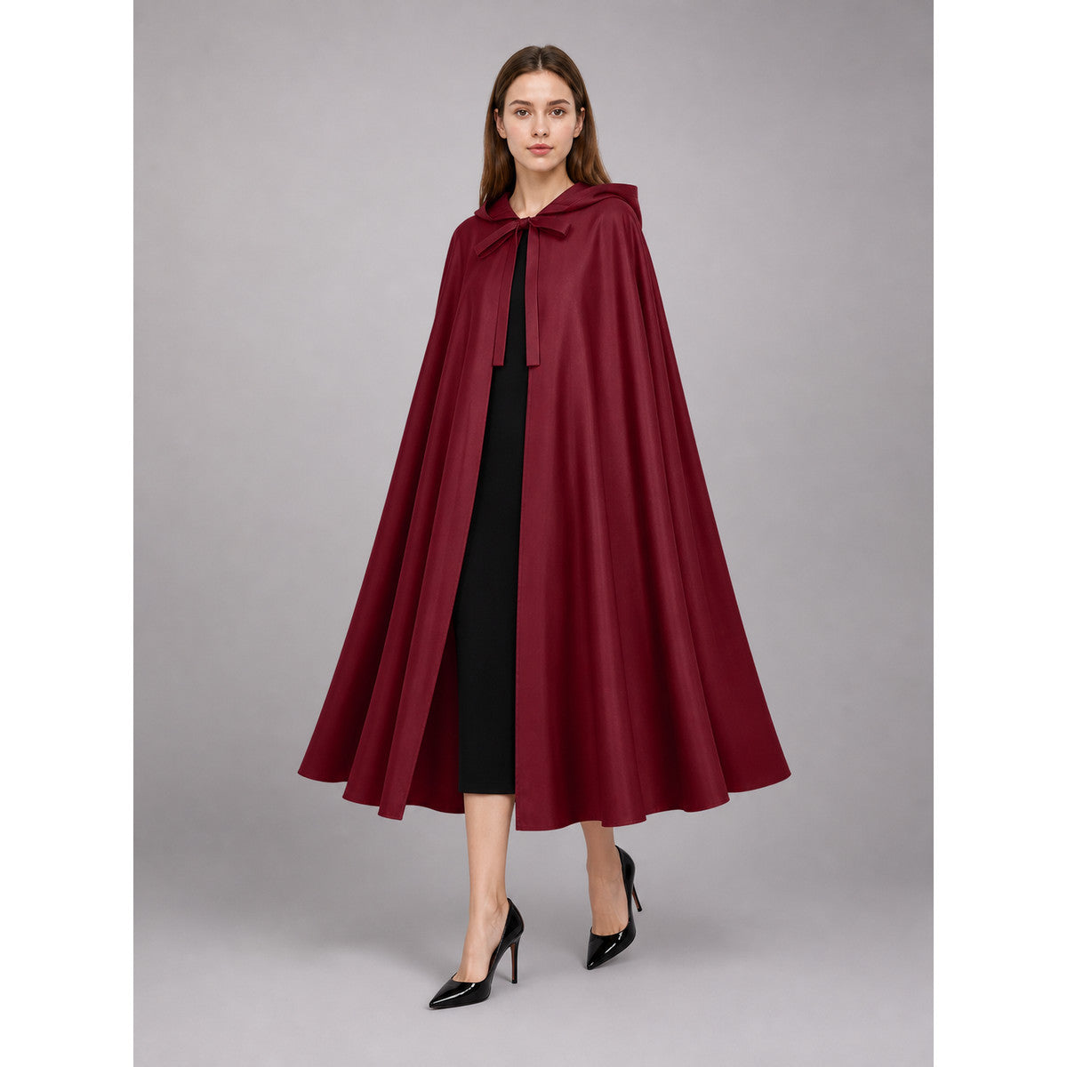 Medieval Burgundy Hooded Carnival Cloak front view