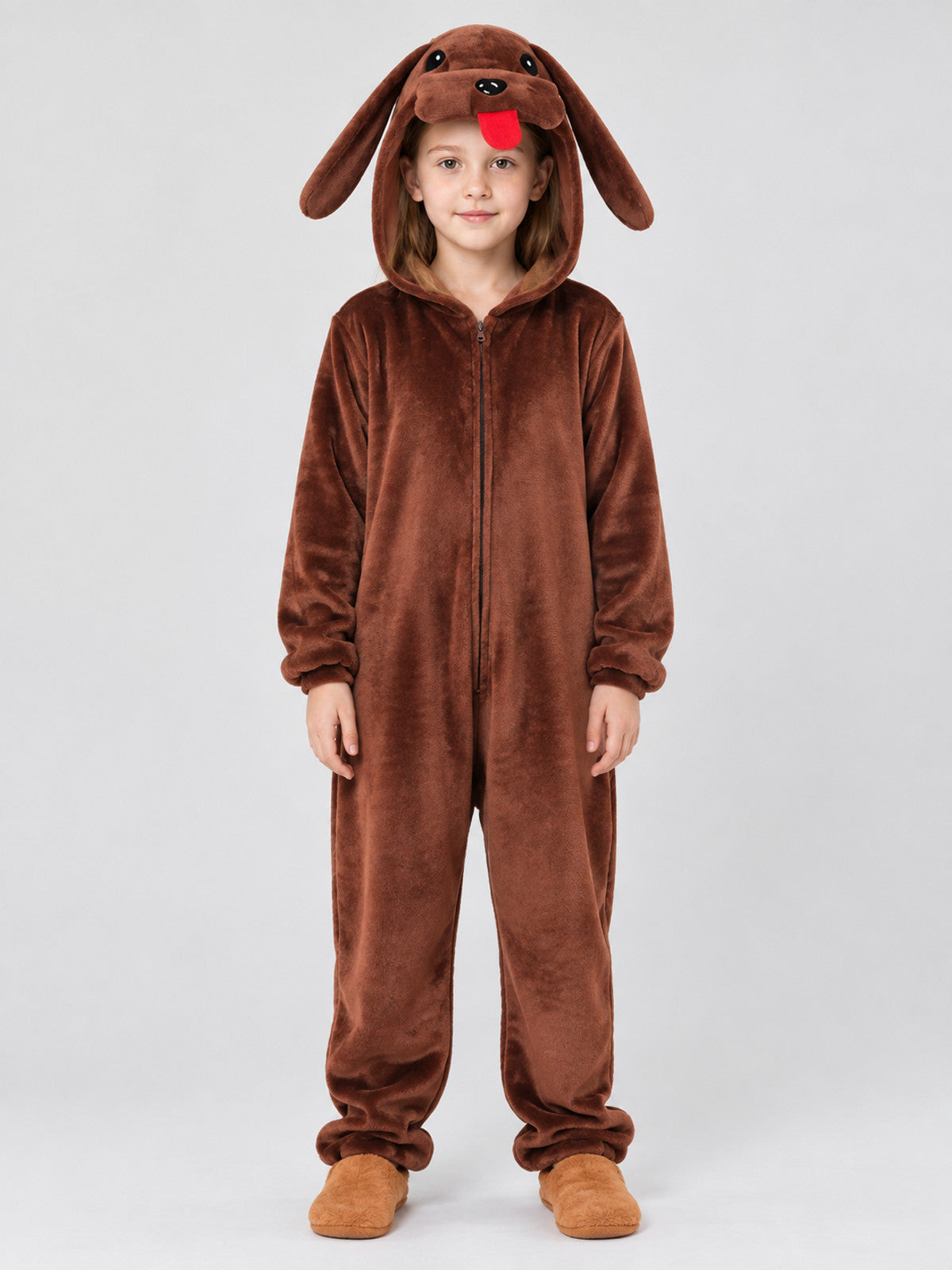 Brown Fleece Hooded Pajama Jumpsuit with Dog Design