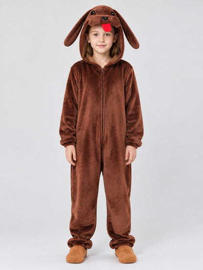 Brown Fleece Hooded Pajama Jumpsuit with Dog Design