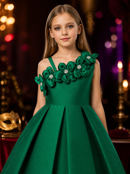 Girls' Dark Green Princess Dress, One-Shoulder 3D Floral Full-Skirt Design on-model view
