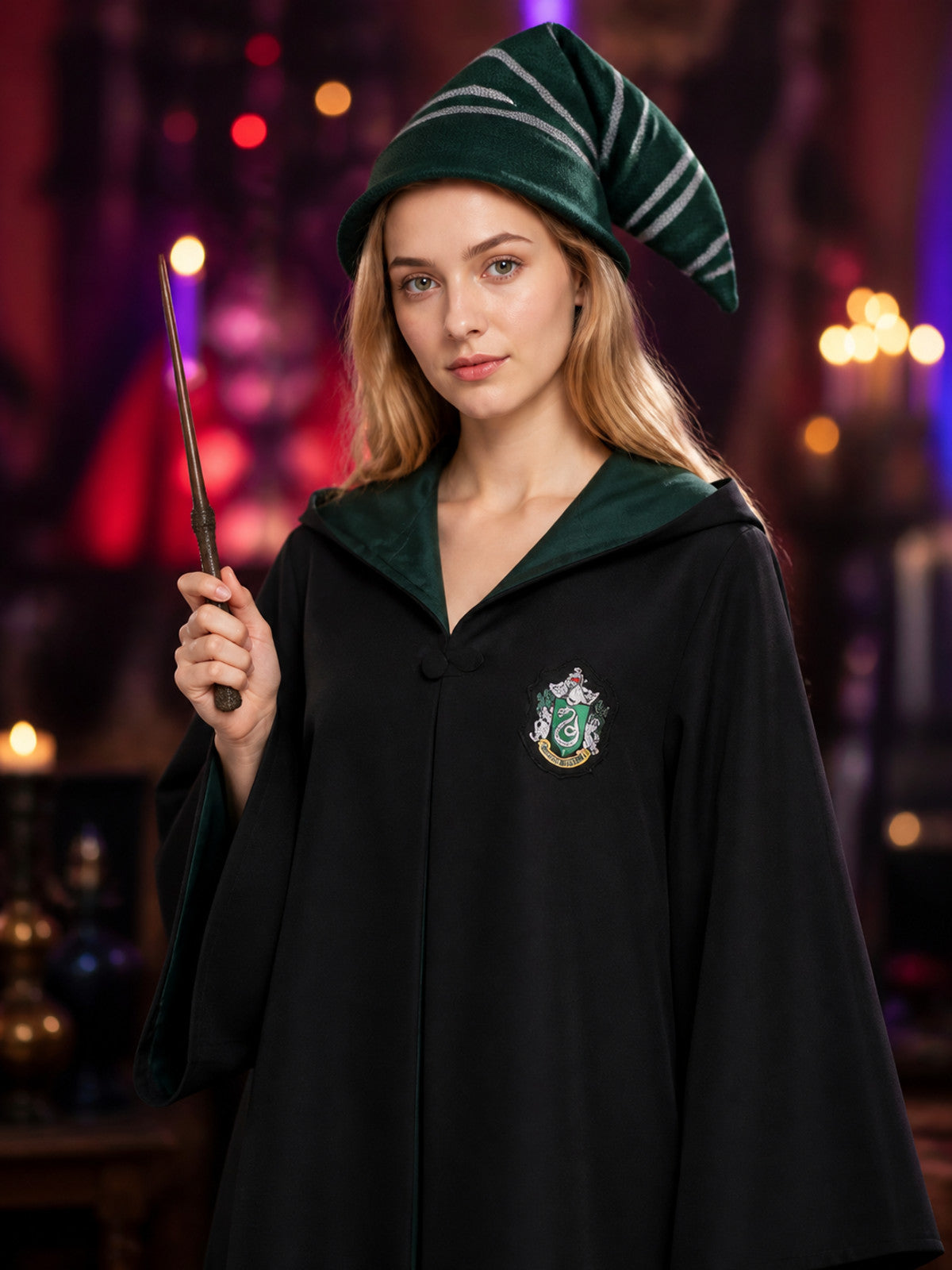 Green Wizard Costume Set with Hooded Robe, Pointed Hat and Wand on-model view
