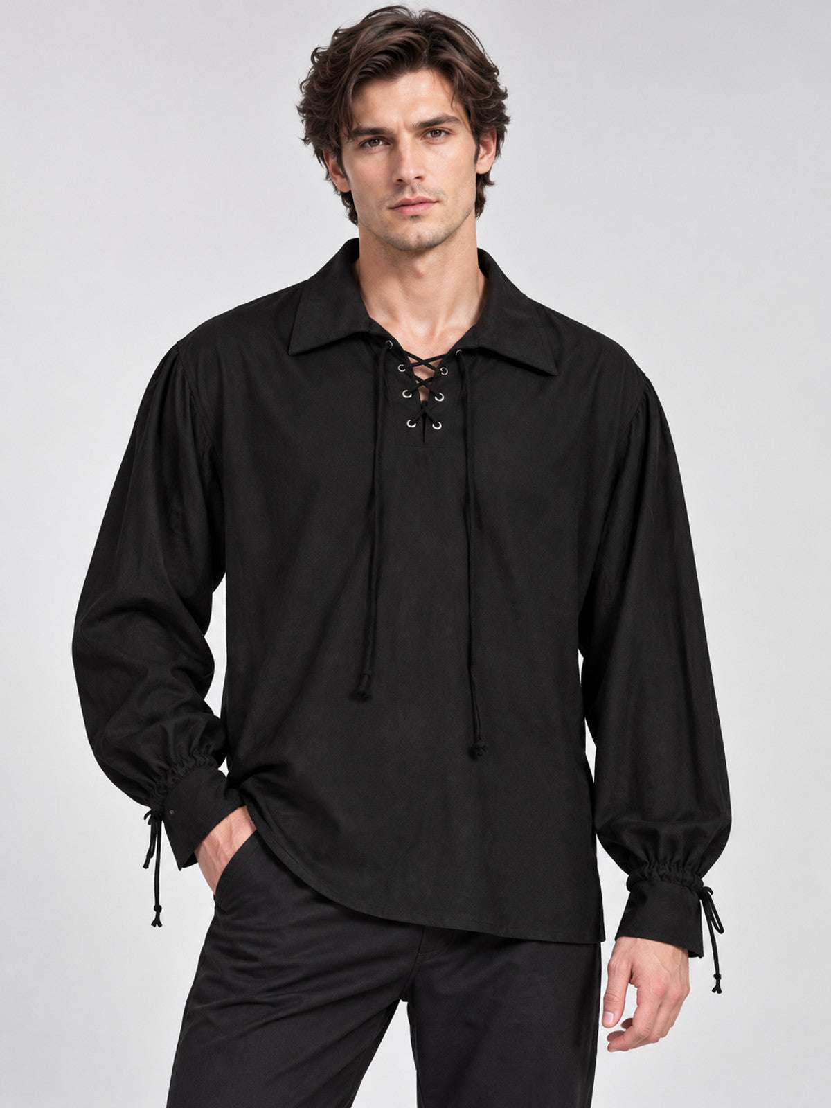 Black Pirate-Style Shirt with Lacing and Ties