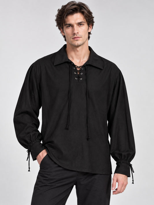 Black Pirate-Style Shirt with Lacing and Ties