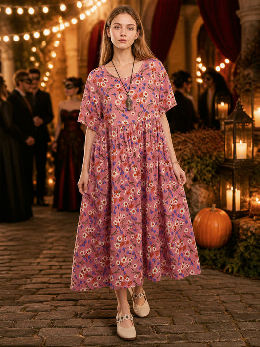 Pink Floral Print Short Sleeve Maxi Dress for Women with Ruching Waist, Flared