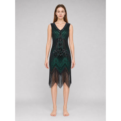 The flapper dress is designed in the Art Deco aesthetic and conveys the signature look of the Gatsby era. The sleeveless design features a V-neckline and a straight silhouette. A geometric and fan-shaped pattern covers the entire surface, c