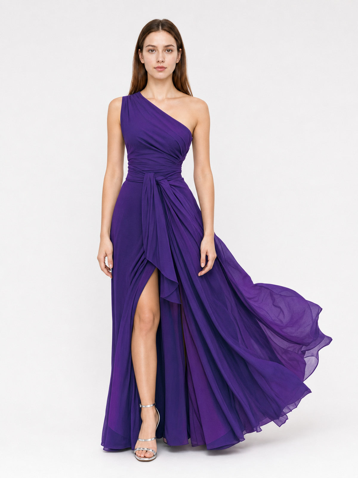 One-Shoulder Evening Dress with a High Slit on-model view