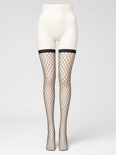 Black thigh-high stockings with a wide band, diamond mesh