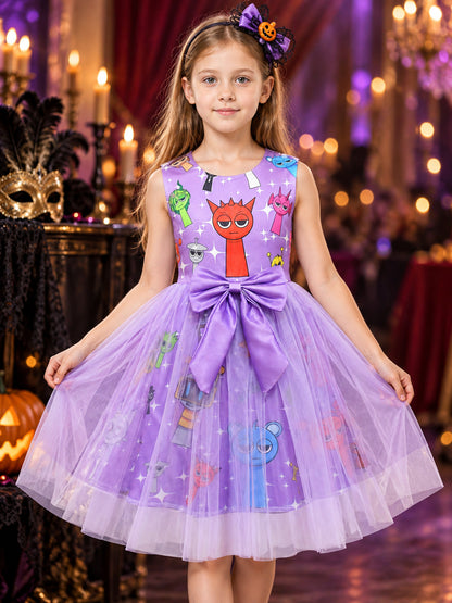 Purple sleeveless dress with bow and star print