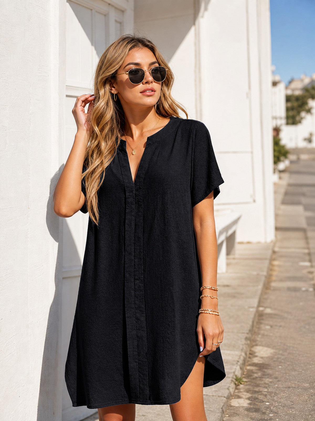 Women's Black Short V-Neck Dress main product view