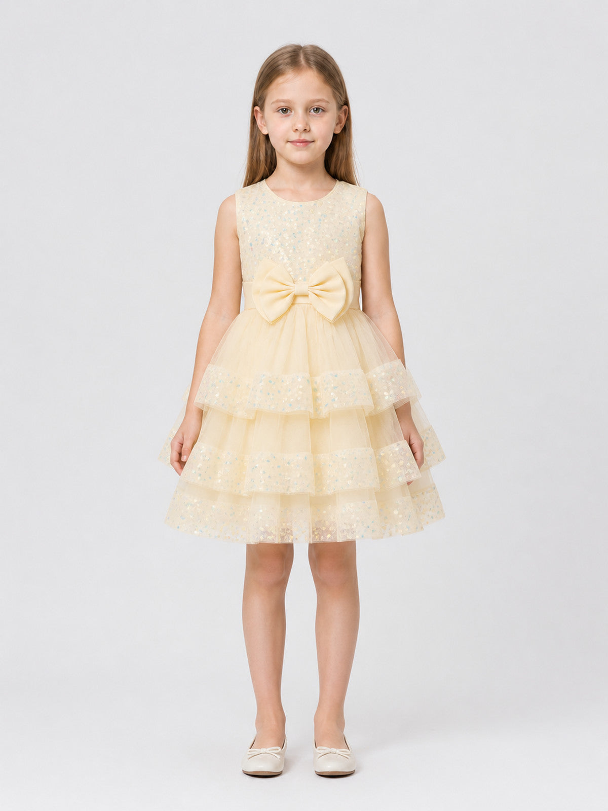 Full Sequin Dress with Layered Skirt and Bow on-model view