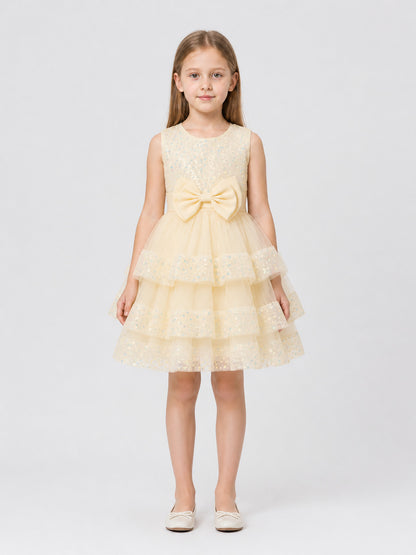 Full Sequin Dress with Layered Skirt and Bow on-model view