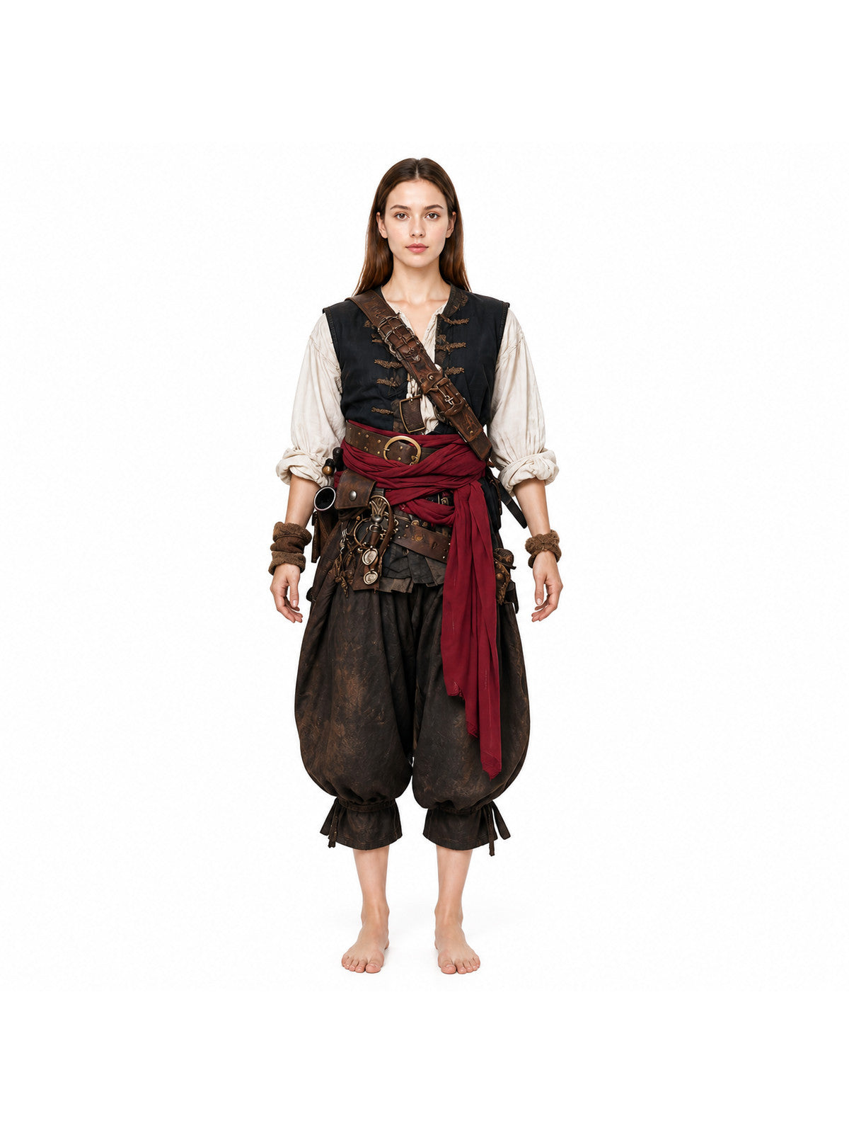 Adult Pirate Costume Waist Sash Black Layered Wrap Long Strip Halloween Cosplay