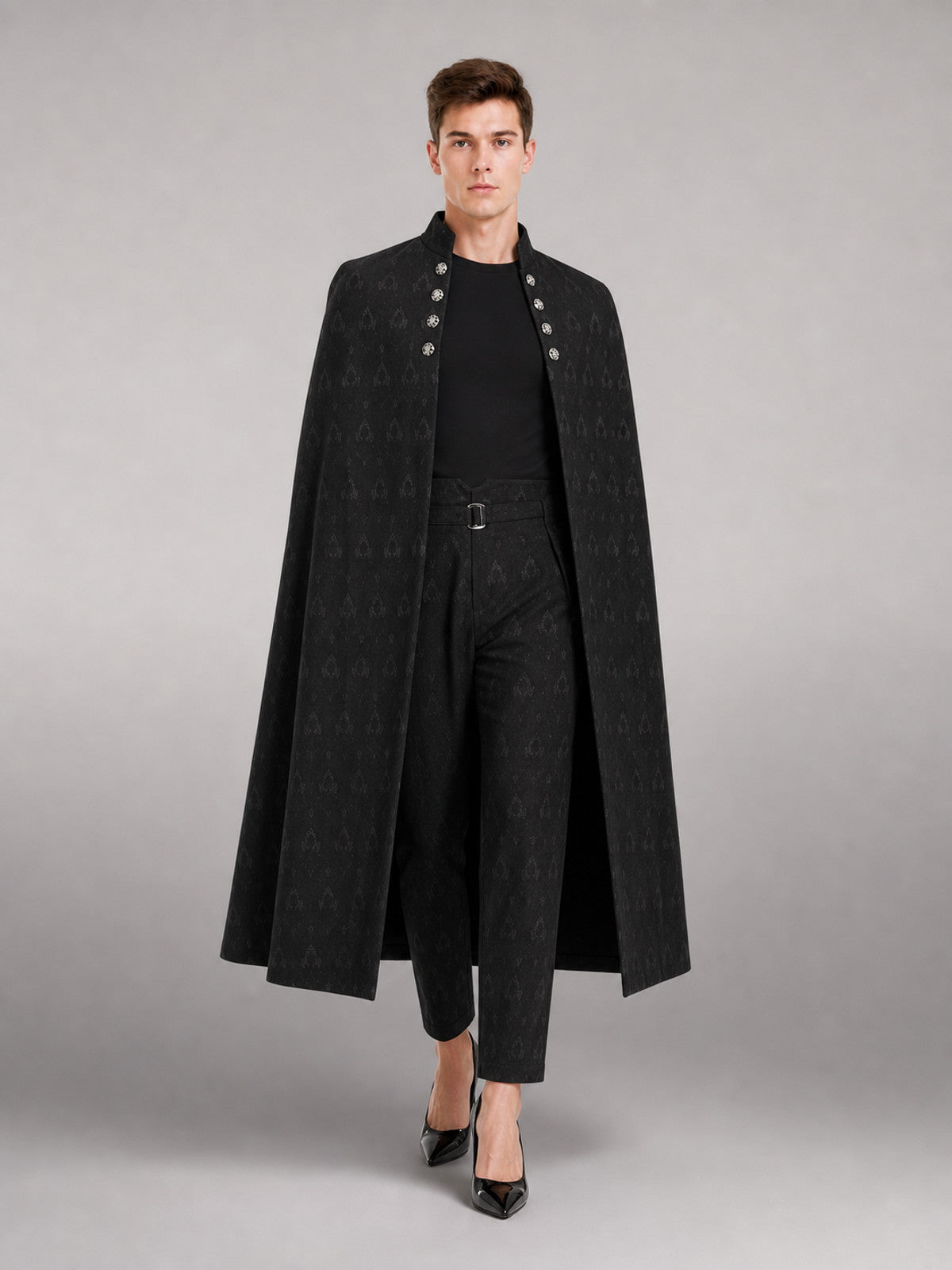 Black High-Waisted Pants with a Tonal Pattern front view