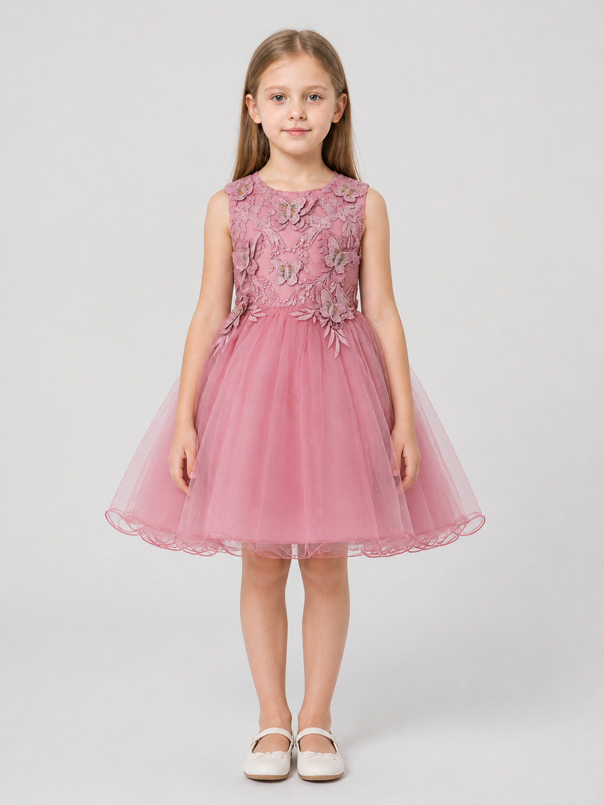Elegant Princess Tulle Dress with Butterfly Embroidery on-model view